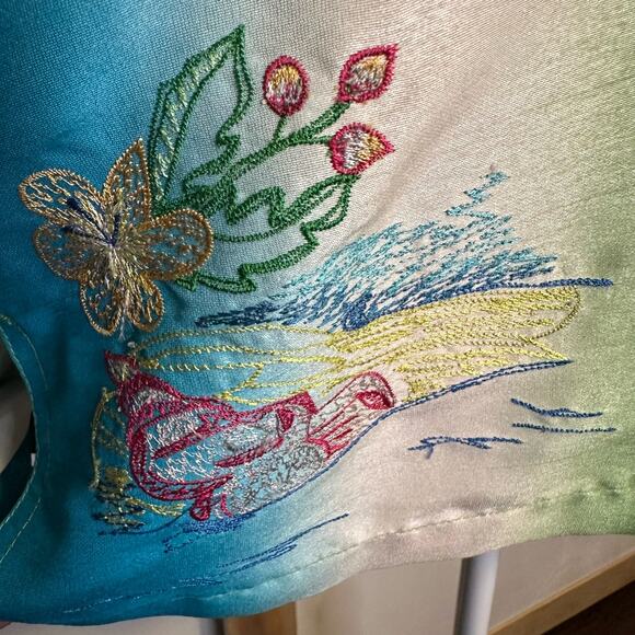 Marsh Landing green, blue, yellow & white floral embroidered button down top, M - Picture 7 of 14